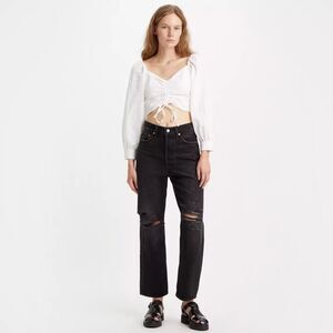 NWT $108 Levi's Ribcage Straight Ankle Black Distressed Jeans Cotton Women 30x27